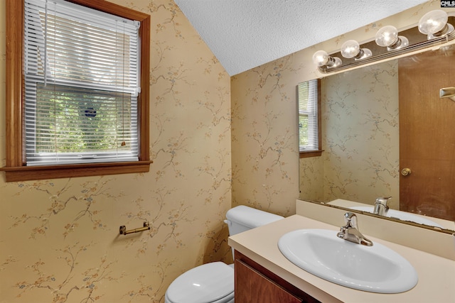 half bathroom featuring lofted ceiling, a textured ceiling, healthy amount of natural light, toilet, and vanity