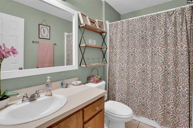 full bathroom with toilet, vanity, a shower with shower curtain, and tile patterned floors