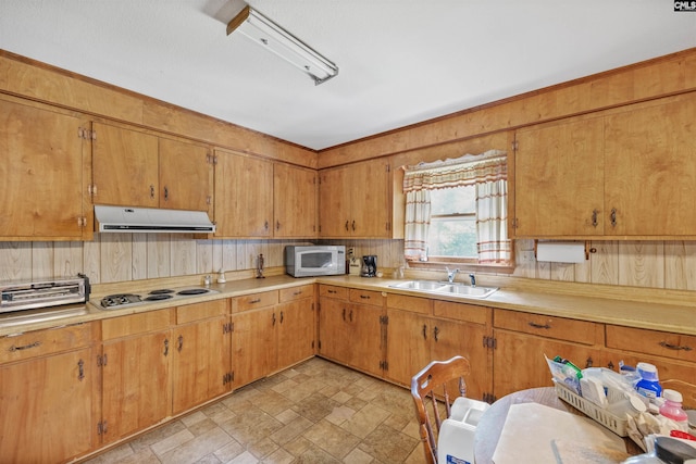 kitchen featuring white microwave, a sink, under cabinet range hood, cooktop, and tasteful backsplash