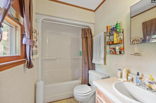 full bathroom featuring toilet, vanity, shower / bathtub combination with curtain, and crown molding
