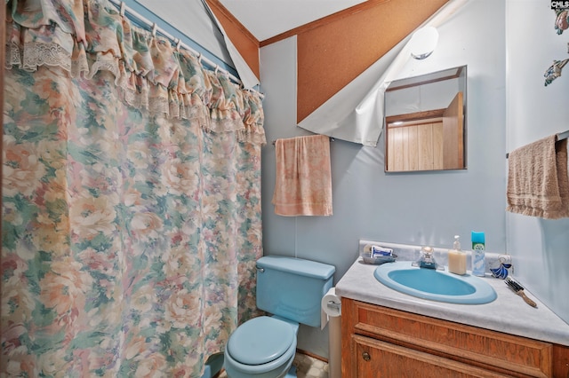 full bathroom with vanity, toilet, and a shower with curtain