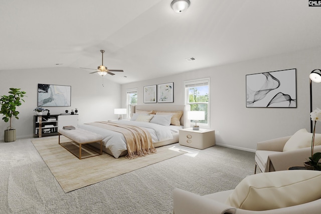 bedroom with carpet flooring, vaulted ceiling, baseboards, and ceiling fan