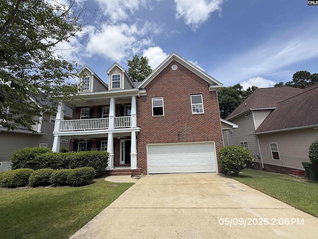 153 Berkeley Ridge Dr, Columbia, SC 29229 - view of front of house with brick siding, a balcony, a garage, driveway, and a front lawn