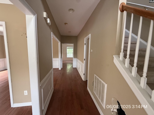 153 Berkeley Ridge Dr, Columbia, SC 29229 - hall featuring dark wood finished floors, a wainscoted wall, and stairway