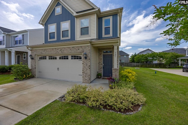 view of front of house with a garage, board and batten siding, driveway, and brick siding