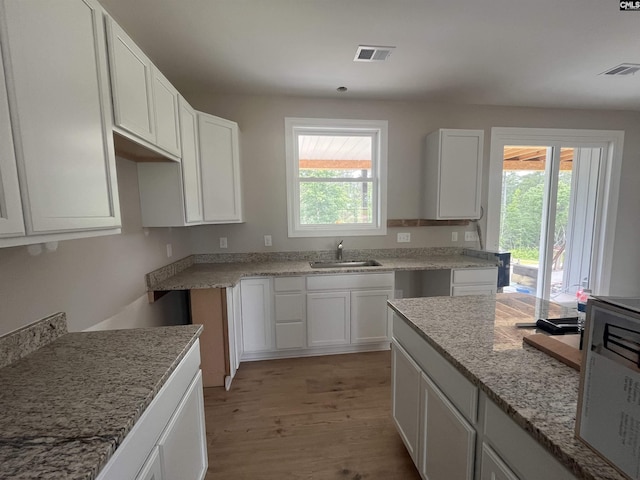 281 Osprey Pointe Ln, Prosperity, SC 29127 - kitchen with a sink, plenty of natural light, light stone countertops, and white cabinets