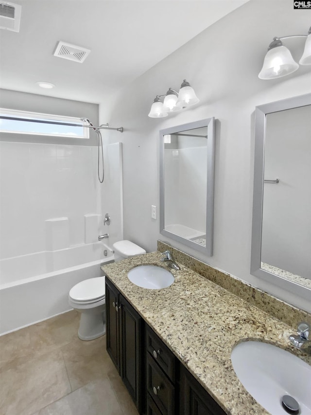 bathroom with toilet, shower / washtub combination, tile patterned floors, and double vanity