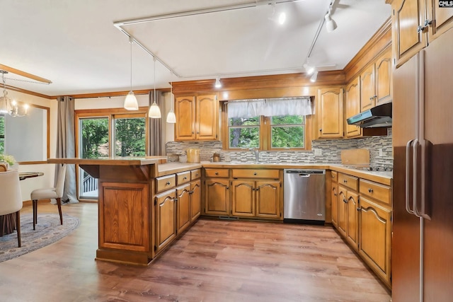 kitchen with stainless steel appliances, a peninsula, track lighting, under cabinet range hood, and a sink