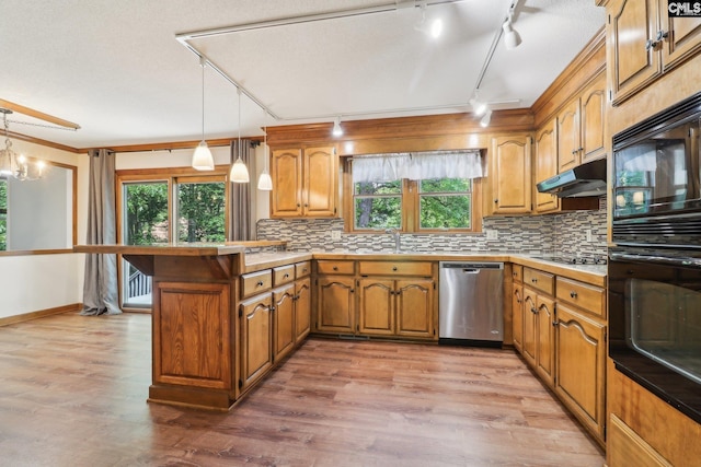 kitchen with black appliances, a peninsula, track lighting, a sink, and under cabinet range hood