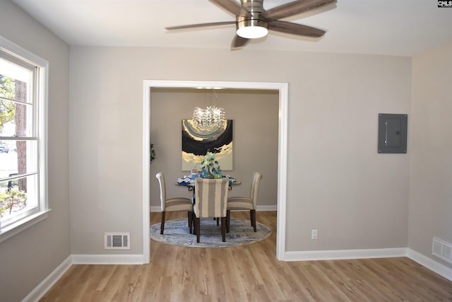 813 Greenlawn Dr, Columbia, SC 29209 - dining room with electric panel, light wood-style floors, a ceiling fan, and baseboards