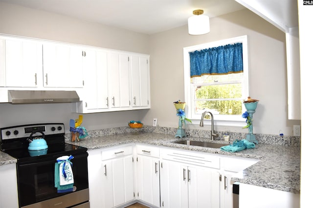 813 Greenlawn Dr, Columbia, SC 29209 - kitchen with under cabinet range hood, stainless steel electric range oven, a sink, and white cabinets