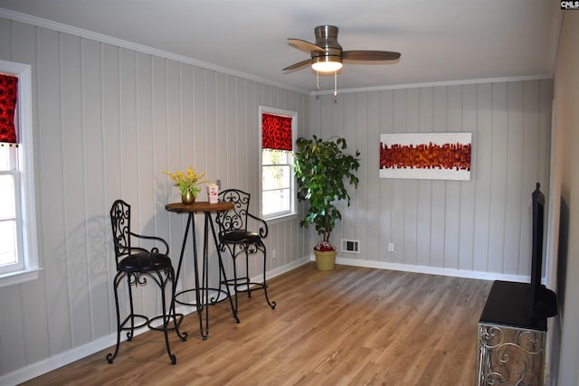 813 Greenlawn Dr, Columbia, SC 29209 - dining space featuring wood finished floors, plenty of natural light, ornamental molding, a ceiling fan, and baseboards