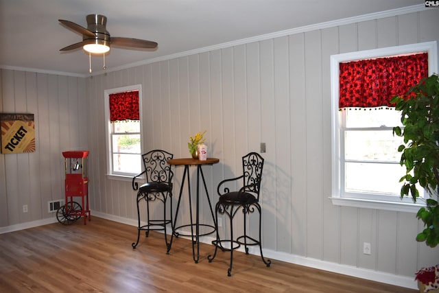813 Greenlawn Dr, Columbia, SC 29209 - dining space featuring wood finished floors, baseboards, ornamental molding, and ceiling fan