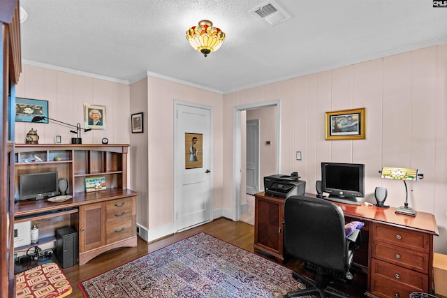 4833 Circle Dr, Columbia, SC 29206 - office space with ornamental molding, dark wood finished floors, and a textured ceiling