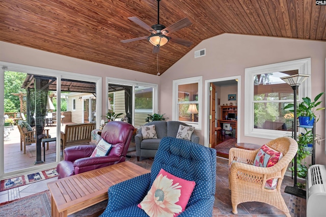 4833 Circle Dr, Columbia, SC 29206 - living area with wood ceiling, lofted ceiling, ceiling fan, and tile patterned floors