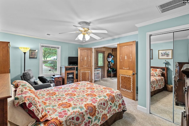4833 Circle Dr, Columbia, SC 29206 - carpeted bedroom with crown molding, a closet, a ceiling fan, and baseboards