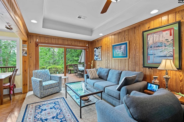 4833 Circle Dr, Columbia, SC 29206 - living room with healthy amount of natural light, crown molding, wood walls, recessed lighting, and ceiling fan