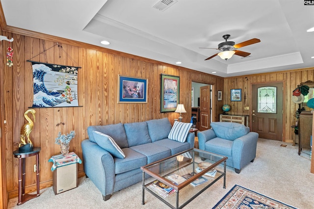 4833 Circle Dr, Columbia, SC 29206 - living room featuring a tray ceiling, light carpet, ceiling fan, recessed lighting, and wooden walls