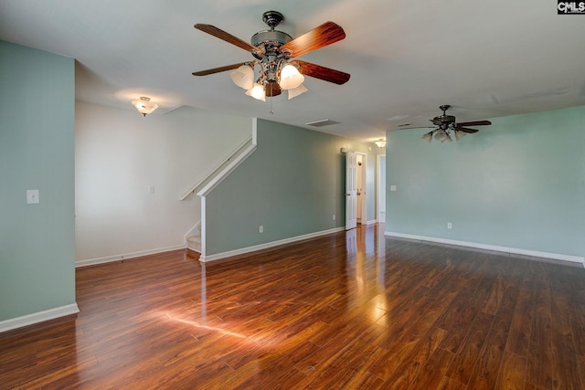 175 Nestle Ct, Columbia, SC 29209 - unfurnished living room featuring a ceiling fan, stairs, wood finished floors, and baseboards