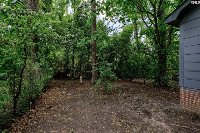 view of yard featuring a forest view
