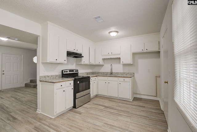 kitchen featuring stainless steel range with electric cooktop, under cabinet range hood, a sink, light wood-style flooring, and white cabinetry