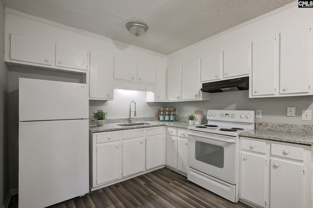 kitchen featuring white appliances, under cabinet range hood, a sink, white cabinets, and crown molding