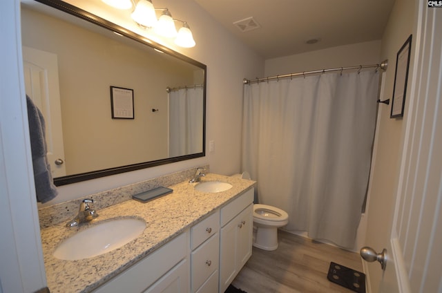 113 Judiths Path, West Columbia, SC 29072 - bathroom featuring wood finished floors, toilet, double vanity, and curtained shower