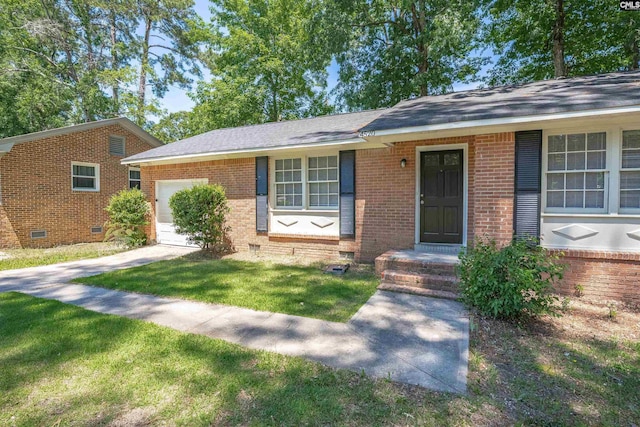 ranch-style house with an attached garage, crawl space, a front lawn, brick siding, and roof with shingles
