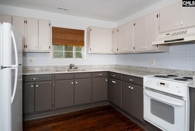 808 Oak St, Columbia, SC 29205 - kitchen with white appliances, under cabinet range hood, a sink, dark wood-style floors, and decorative backsplash
