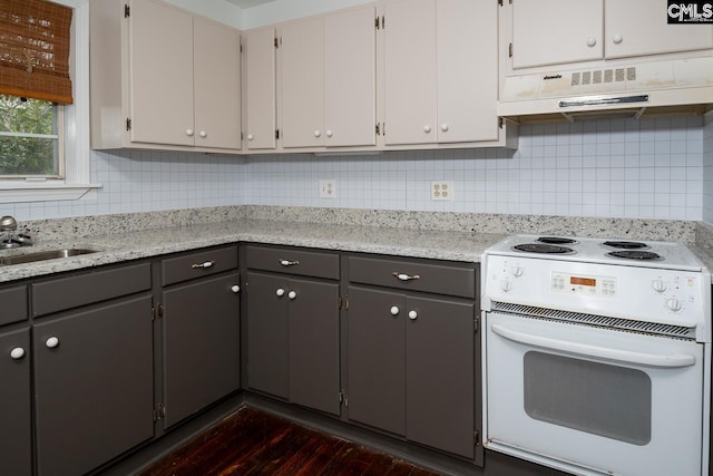 808 Oak St, Columbia, SC 29205 - kitchen with white electric stove, under cabinet range hood, a sink, dark wood-type flooring, and tasteful backsplash