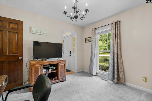 401 Brickling Rd, Irmo, SC 29063 - office area featuring a chandelier, baseboards, and light carpet