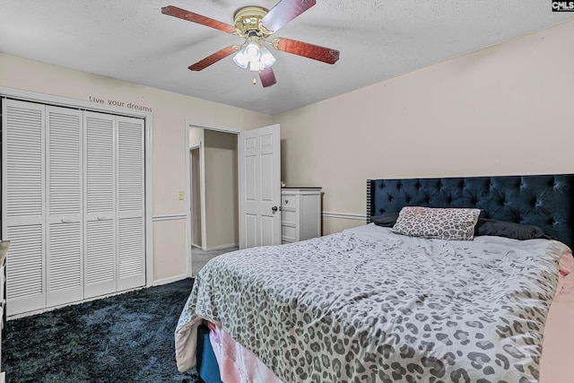 401 Brickling Rd, Irmo, SC 29063 - carpeted bedroom with a closet, ceiling fan, a textured ceiling, and baseboards