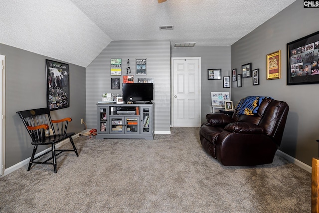 living room featuring carpet, a textured ceiling, baseboards, and lofted ceiling