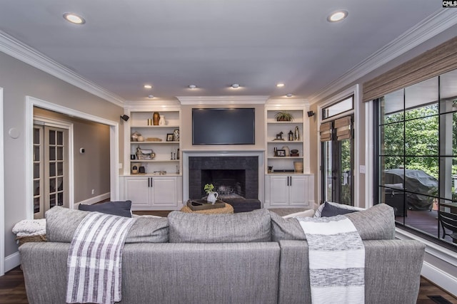 3 Puddle Ln, Camden, SC 29020 - living area featuring ornamental molding, a fireplace, recessed lighting, baseboards, and dark wood-style floors