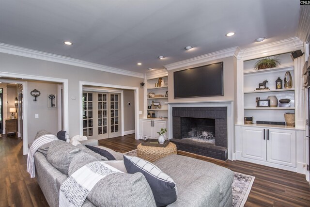 3 Puddle Ln, Camden, SC 29020 - living area with ornamental molding, dark wood-style floors, french doors, a fireplace, and recessed lighting