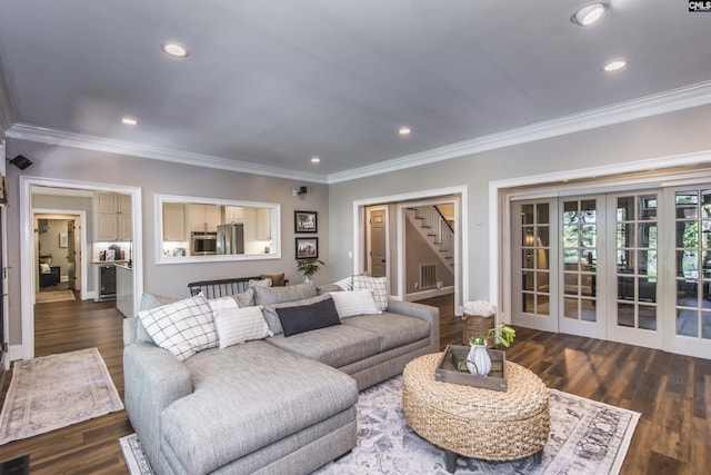 3 Puddle Ln, Camden, SC 29020 - living area featuring crown molding, recessed lighting, stairs, french doors, and baseboards