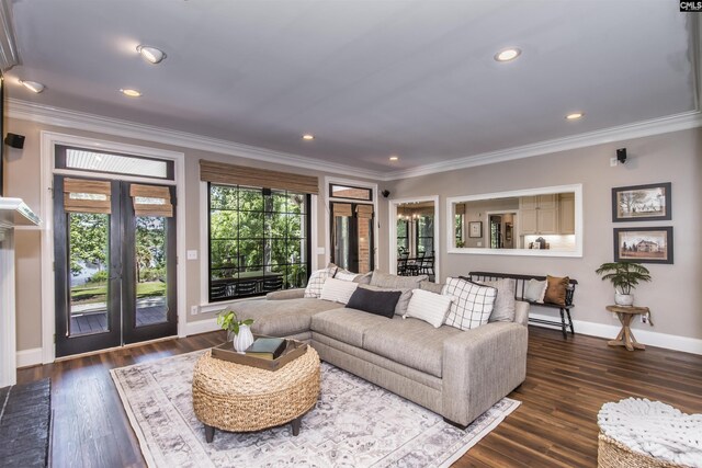 3 Puddle Ln, Camden, SC 29020 - living area with crown molding, french doors, baseboards, dark wood-style floors, and recessed lighting