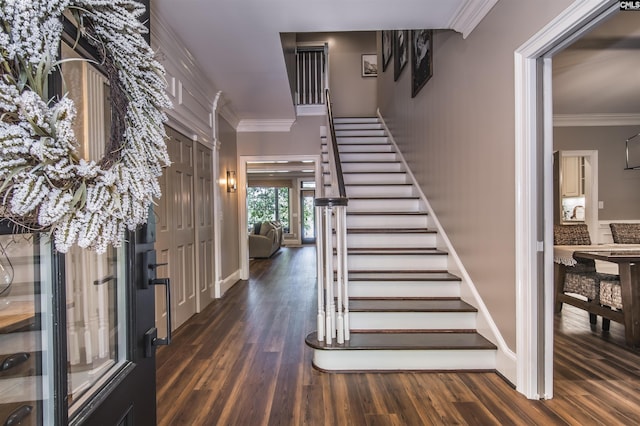 3 Puddle Ln, Camden, SC 29020 - entrance foyer featuring stairs, dark wood-style flooring, and ornamental molding