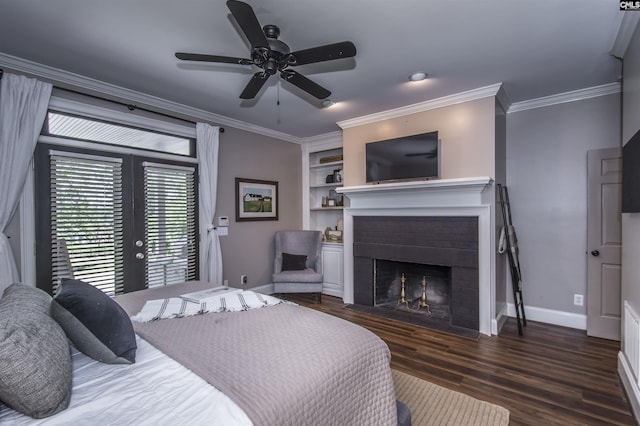 3 Puddle Ln, Camden, SC 29020 - bedroom with a brick fireplace, ornamental molding, wood finished floors, baseboards, and access to exterior