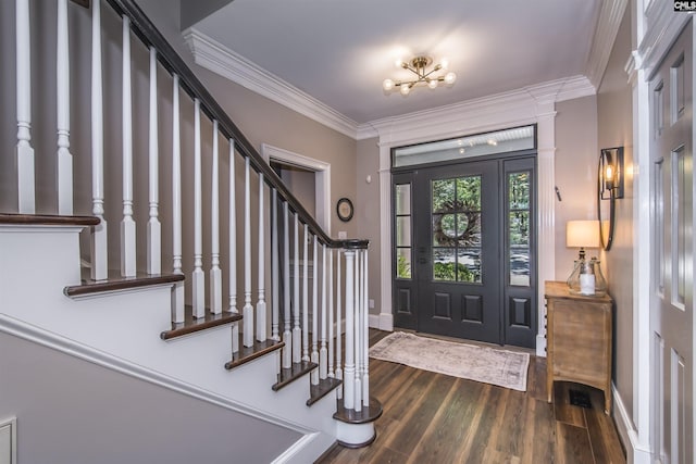 3 Puddle Ln, Camden, SC 29020 - entryway with dark wood-style flooring, stairway, ornamental molding, and baseboards