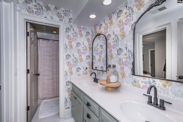 3 Puddle Ln, Camden, SC 29020 - full bathroom with wallpapered walls, double vanity, and recessed lighting