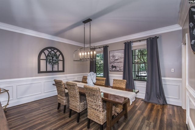 3 Puddle Ln, Camden, SC 29020 - dining room with ornamental molding, a chandelier, dark wood finished floors, wainscoting, and a decorative wall