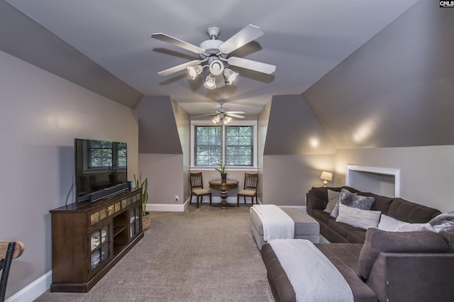 3 Puddle Ln, Camden, SC 29020 - carpeted living room featuring ceiling fan, lofted ceiling, and baseboards