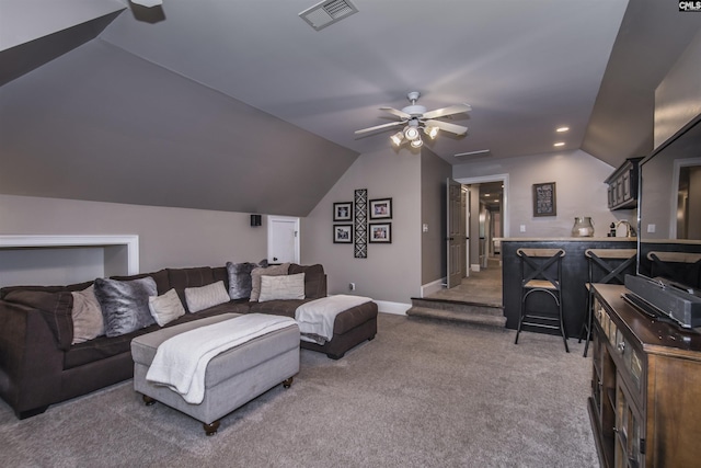 3 Puddle Ln, Camden, SC 29020 - living room with ceiling fan, vaulted ceiling, carpet flooring, bar area, and baseboards