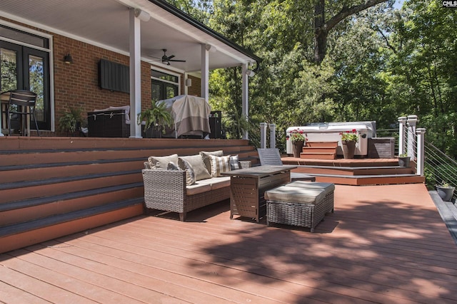 3 Puddle Ln, Camden, SC 29020 - wooden terrace with a hot tub, a ceiling fan, and an outdoor living space