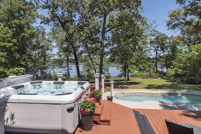 3 Puddle Ln, Camden, SC 29020 - deck with a hot tub, a lawn, and an outdoor pool