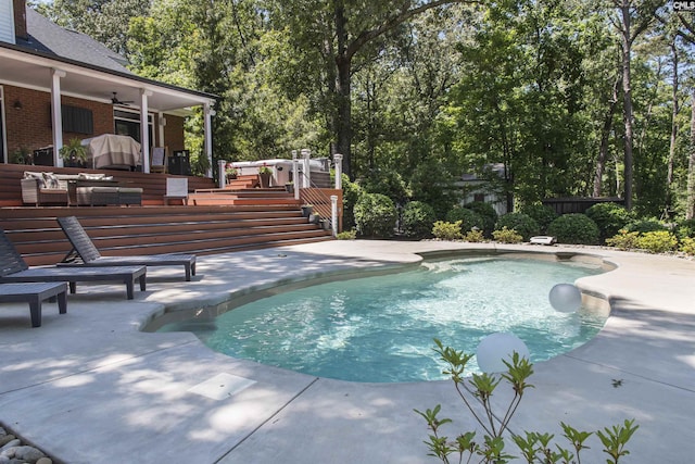 3 Puddle Ln, Camden, SC 29020 - swimming pool featuring a patio area, an outdoor living space, ceiling fan, stairs, and fence