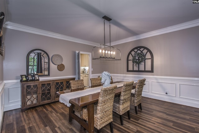 3 Puddle Ln, Camden, SC 29020 - dining space with ornamental molding, dark wood-style flooring, wainscoting, and a chandelier