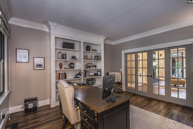 3 Puddle Ln, Camden, SC 29020 - office area with french doors, crown molding, dark wood-style flooring, and baseboards
