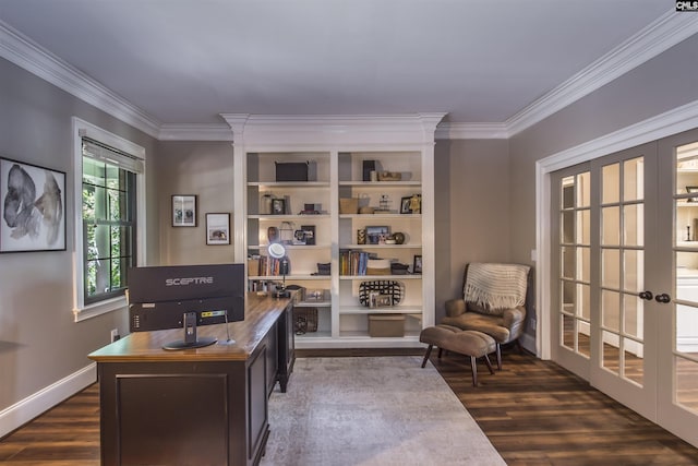 3 Puddle Ln, Camden, SC 29020 - office area featuring dark wood-type flooring, crown molding, french doors, and baseboards
